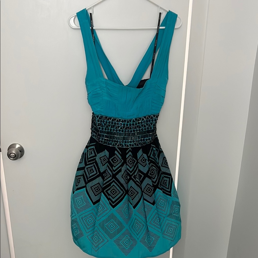 Elegant Teal and Black Geometric Dress